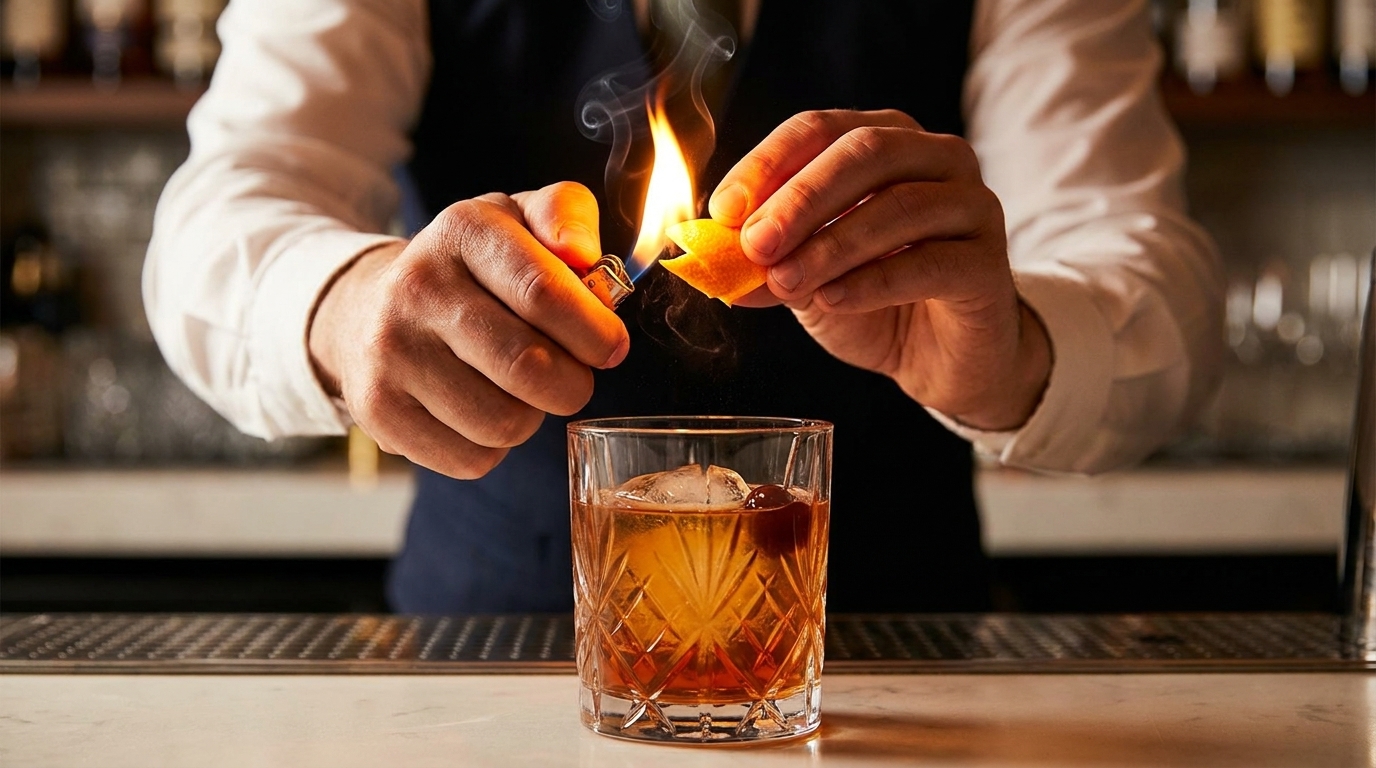 Bartender flaming an orange peel over a cocktail with ice and a cherry in a crystal glass.