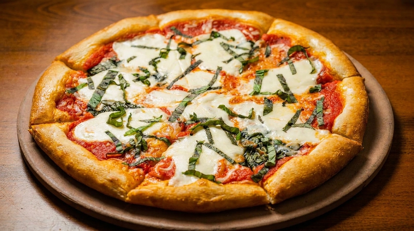 A whole Margherita pizza with fresh basil and mozzarella cheese on a wooden board.