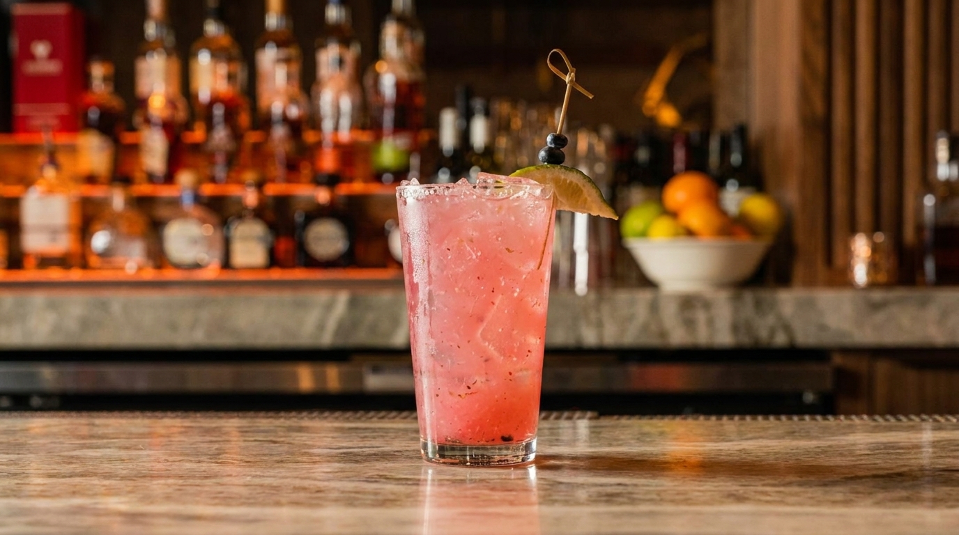 Pink cocktail with ice, lime, and blueberries on a bar with liquor bottles in the background.