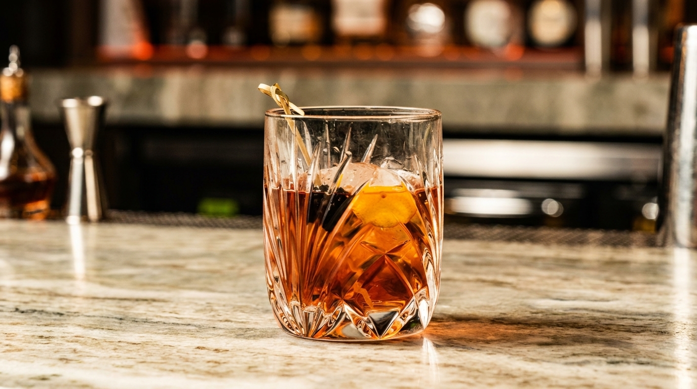 A cocktail with ice, an orange slice, and a cherry on a bar counter.