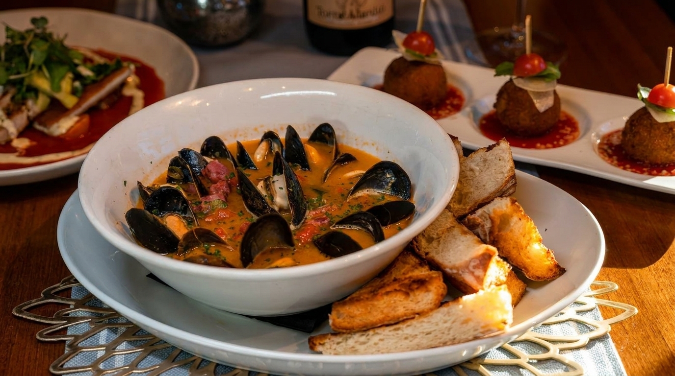 A bowl of mussels in red sauce with toasted bread, alongside arancini and another dish.
