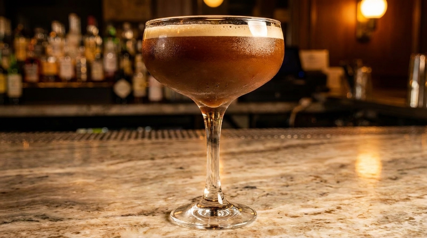 A dark, frothy cocktail in a coupe glass sits on a marble bar with liquor bottles in the background.
