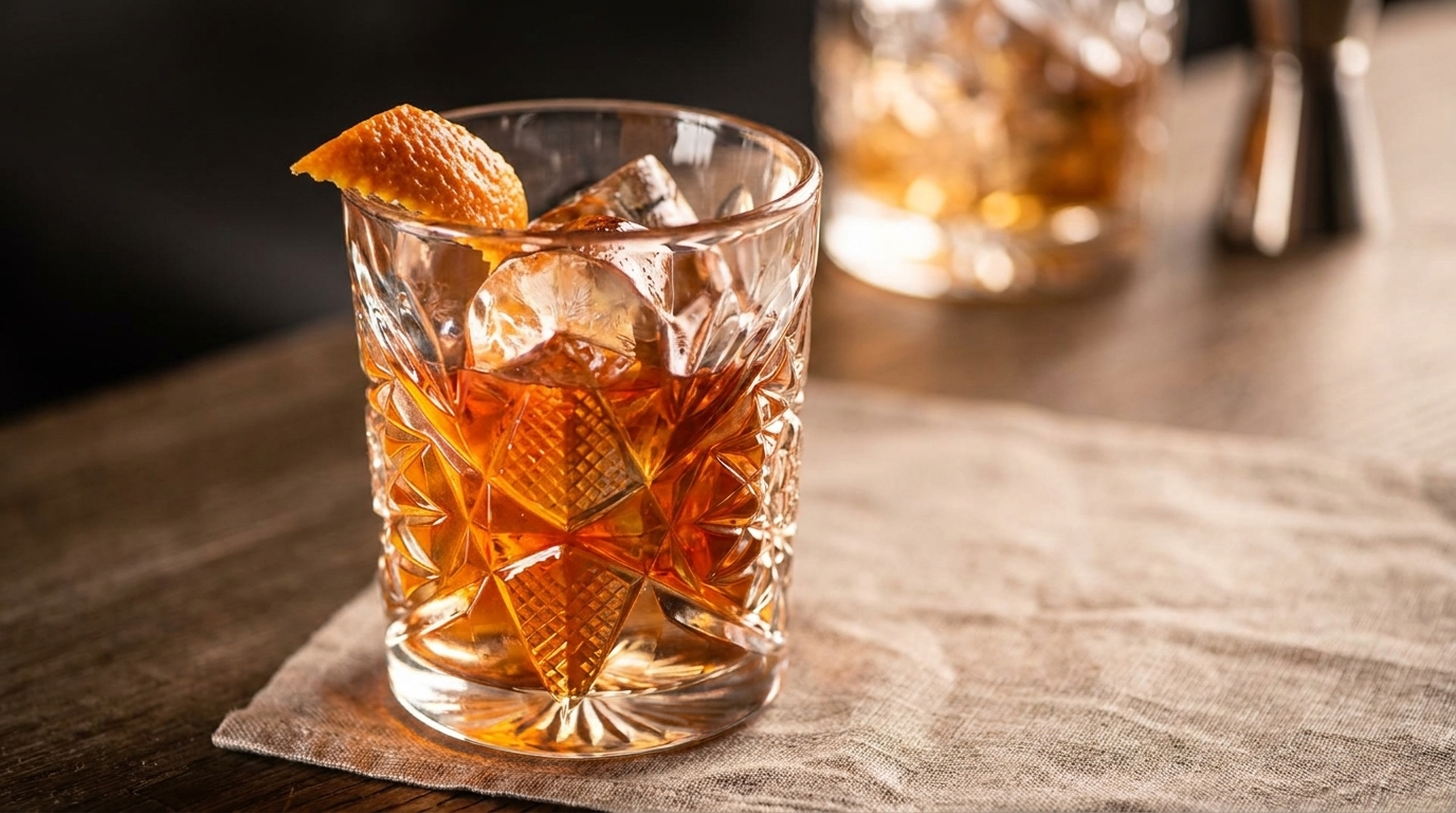 Amber cocktail with ice and an orange peel garnish in a cut glass on a linen napkin.