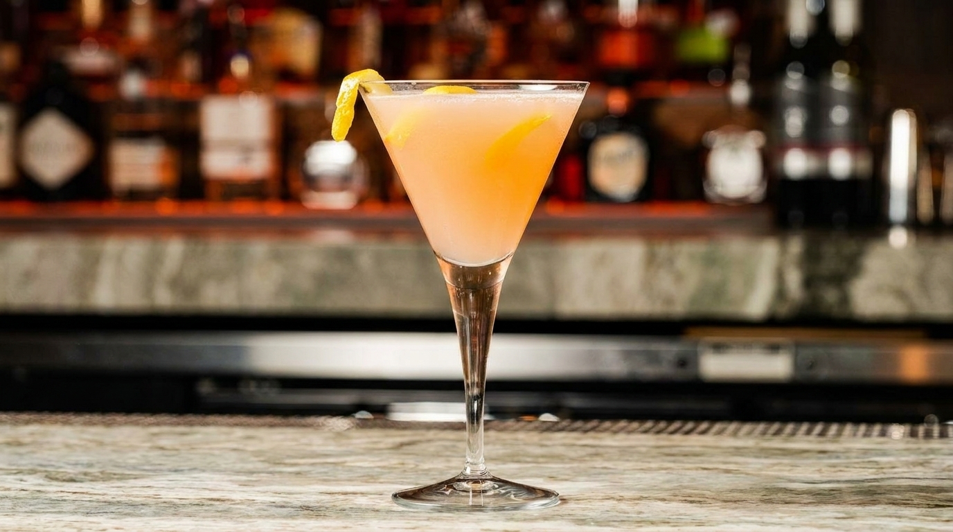 A pink cocktail in a martini glass with a lemon twist sits on a marble bar.