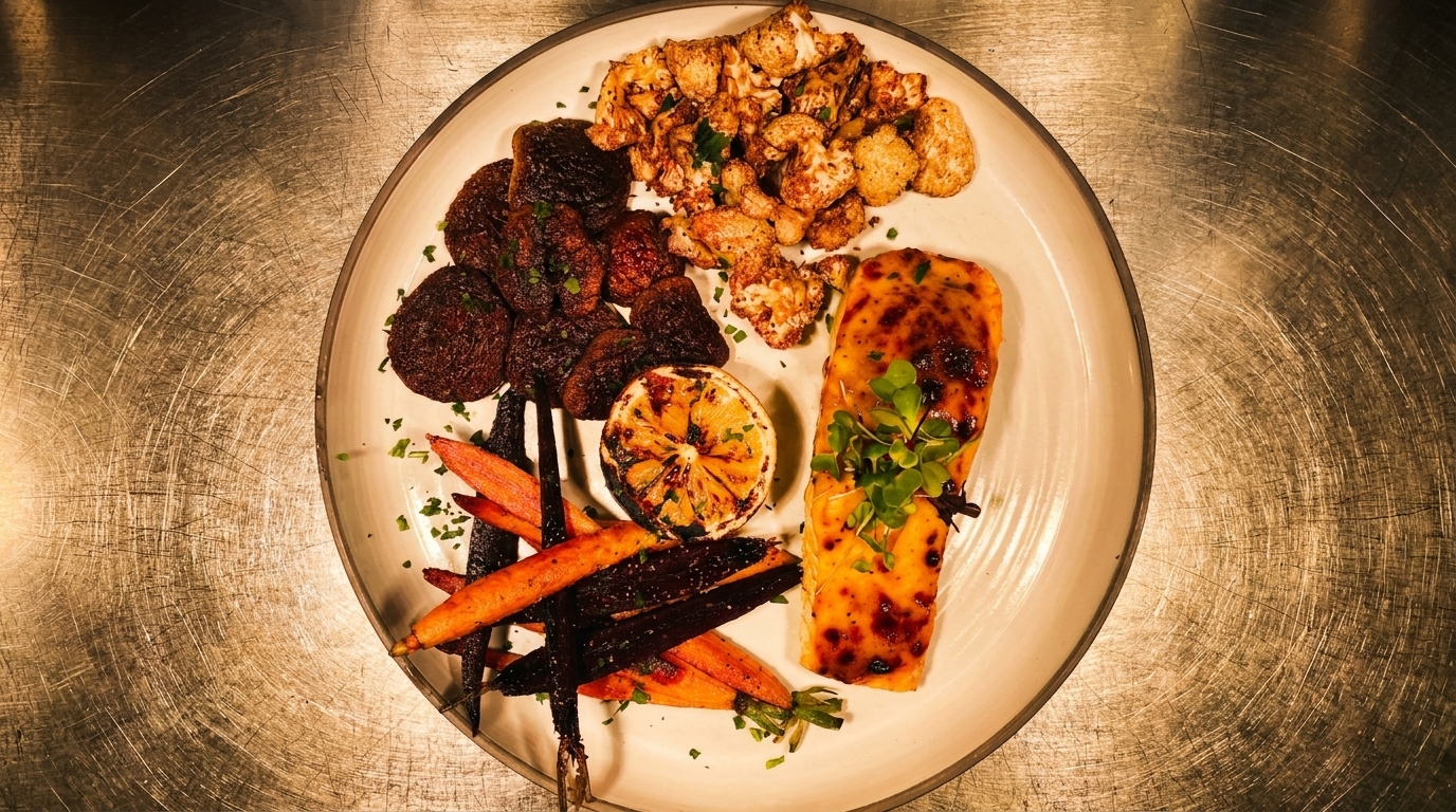 A plate of salmon, roasted carrots, cauliflower, and dark brown patties with a grilled lemon.