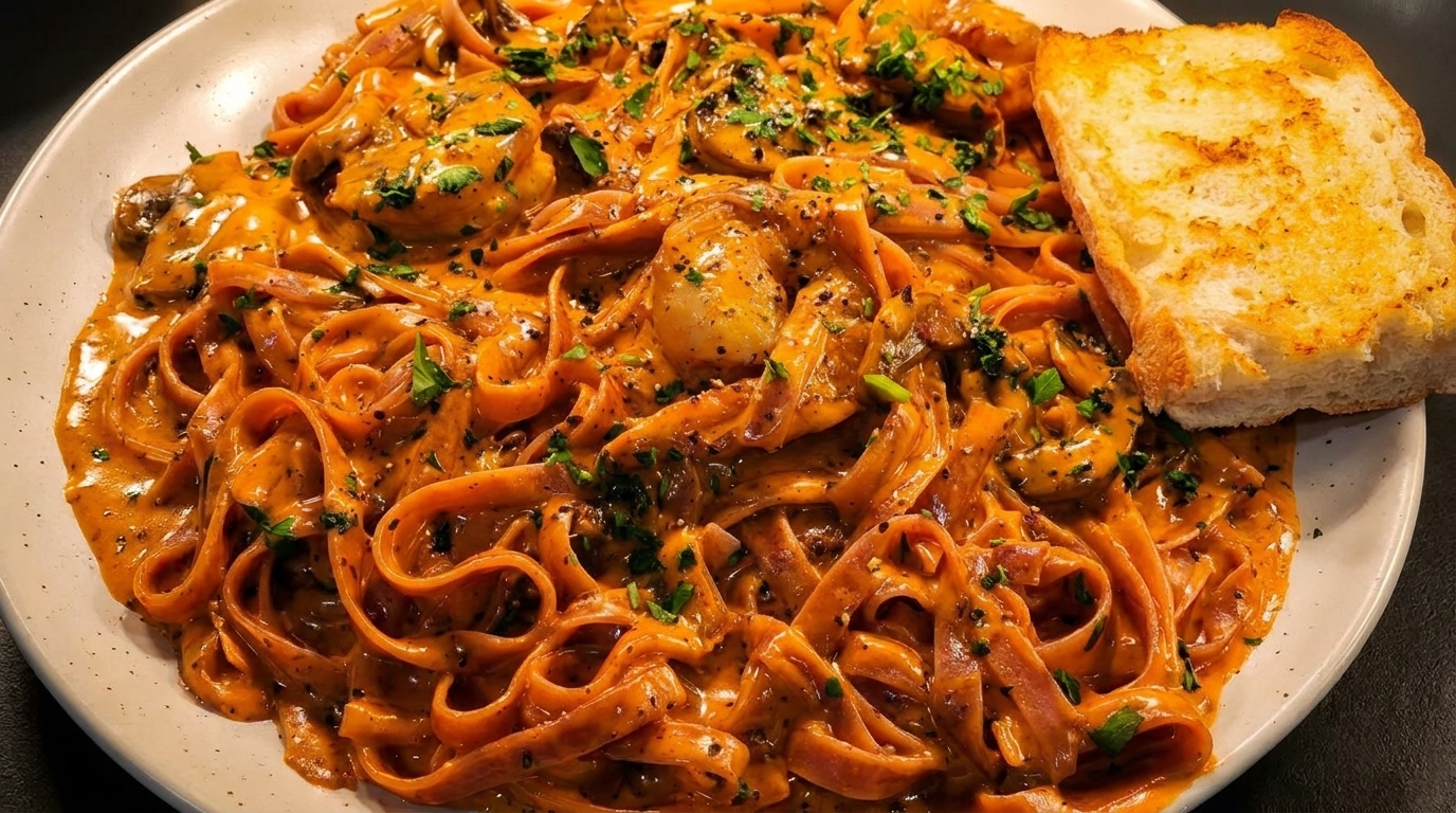 Creamy orange pasta with mushrooms and herbs, served with a slice of garlic bread.