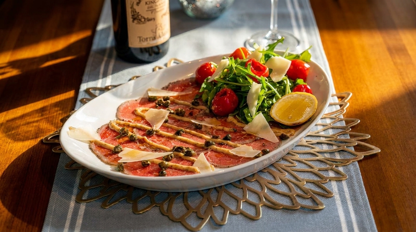 Carpaccio with capers, parmesan, arugula salad, cherry tomatoes, and lemon on a white platter.