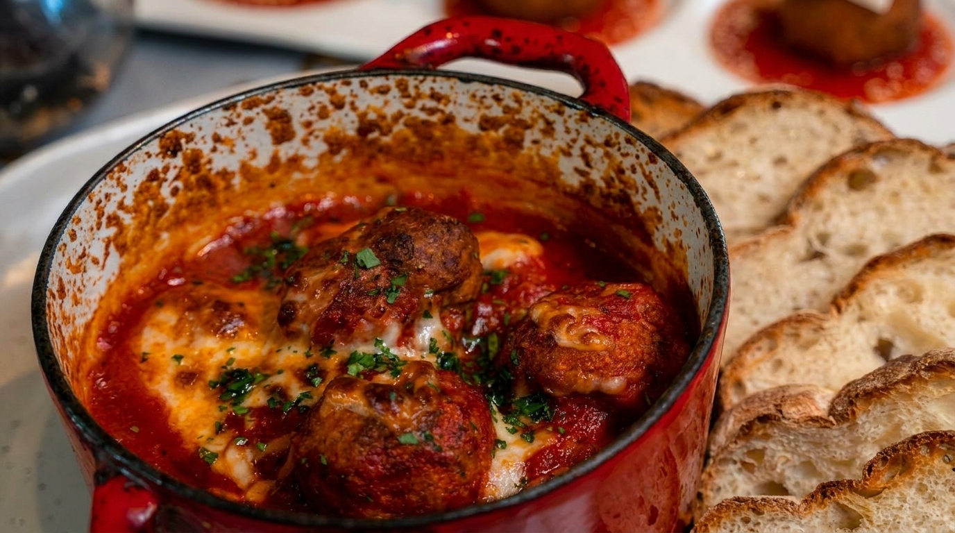 Meatballs in red sauce with melted cheese and parsley in a red pot, served with sliced bread.