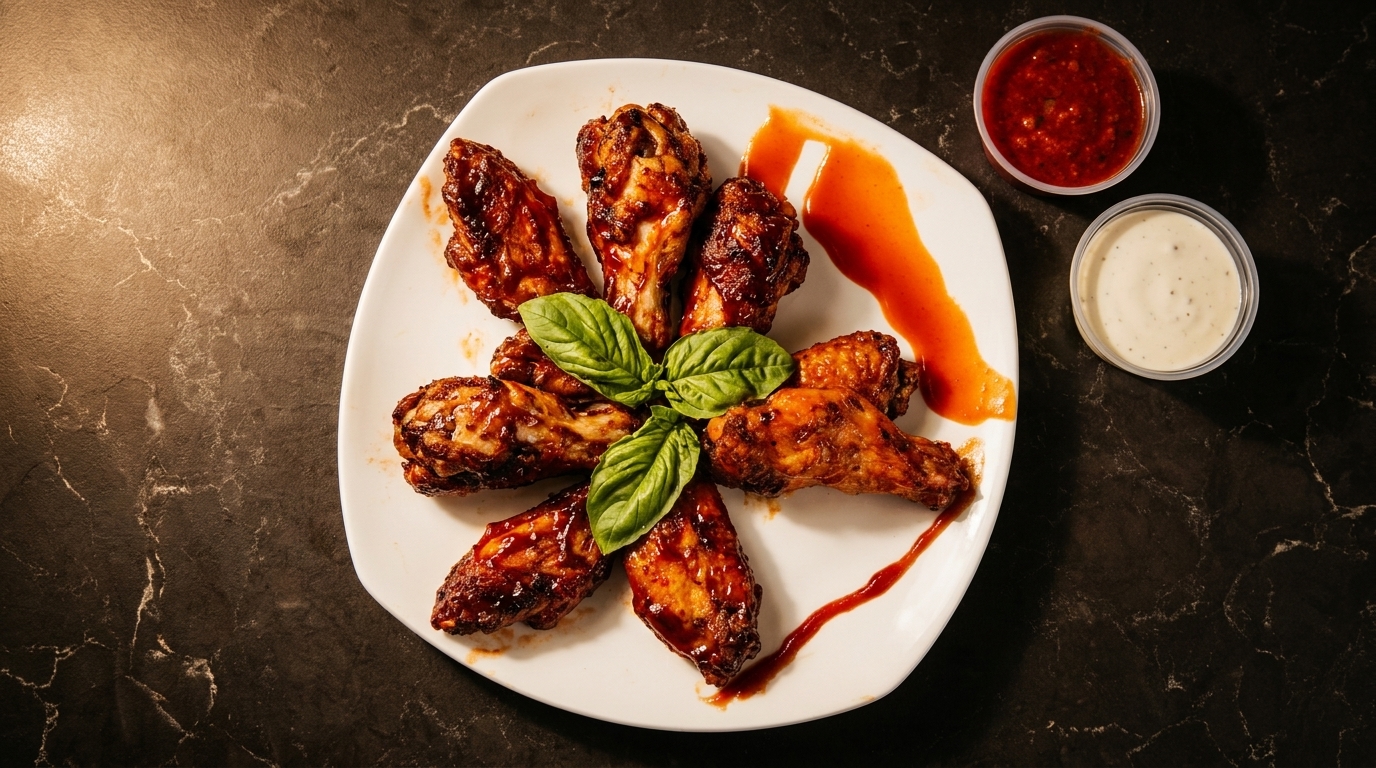 Glazed chicken wings arranged in a circle with basil, served with red and white dipping sauces.