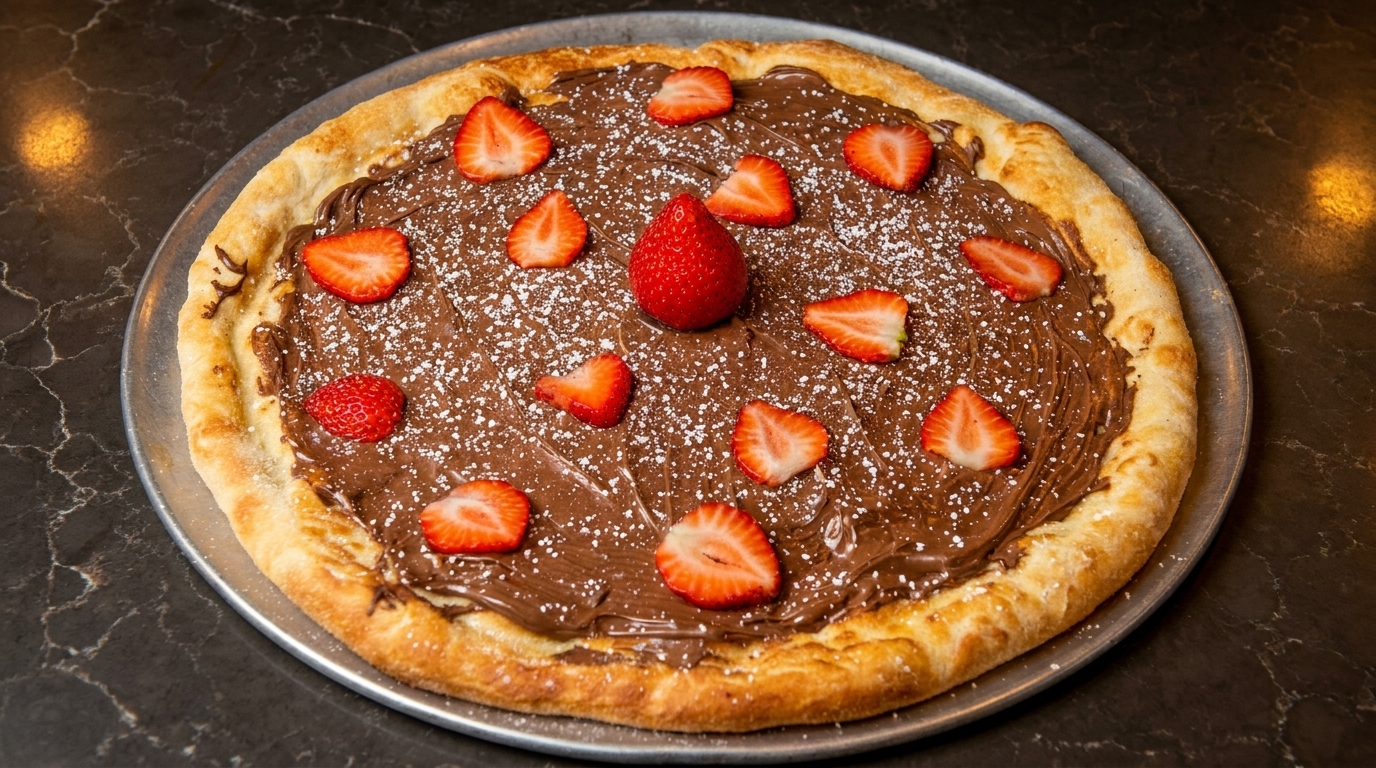 Dessert pizza with Nutella, powdered sugar, and fresh strawberries on a metal pan.