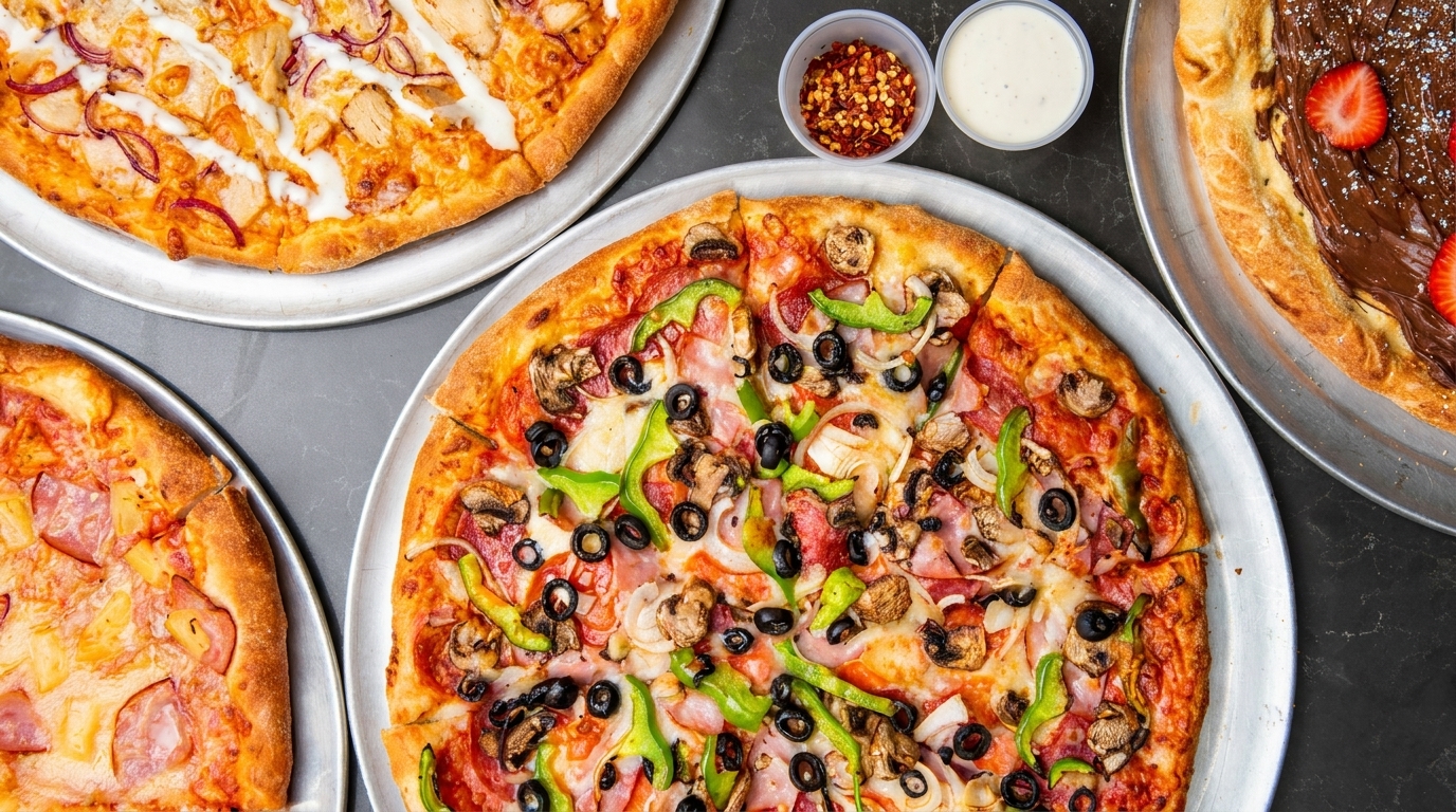 Four pizzas on metal trays, including chicken, supreme, Hawaiian, and a dessert pizza.