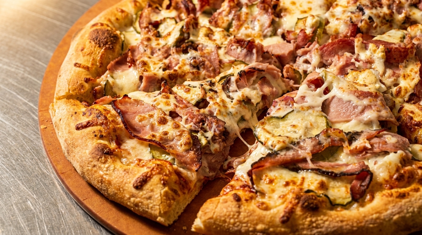 Close-up of a freshly baked pizza with ham, zucchini, and melted cheese on a wooden board.