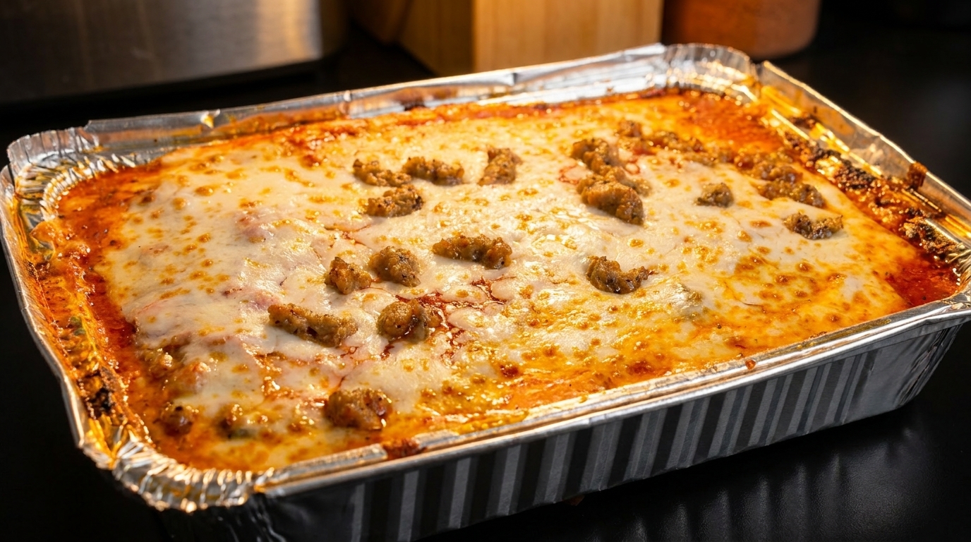 A large aluminum pan filled with baked lasagna, topped with melted cheese and sausage crumbles.