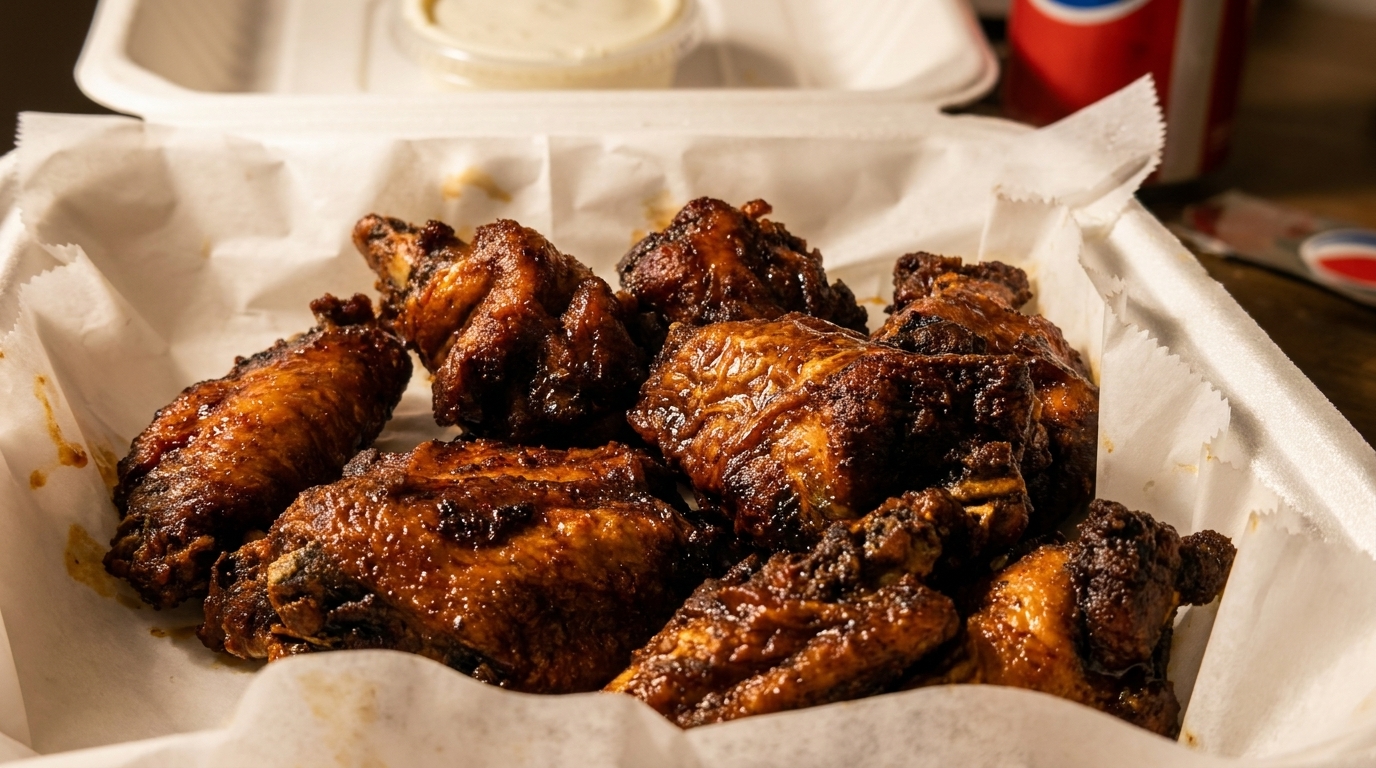 Close-up of a takeout container filled with glistening, dark brown chicken wings and a side of dipping sauce.