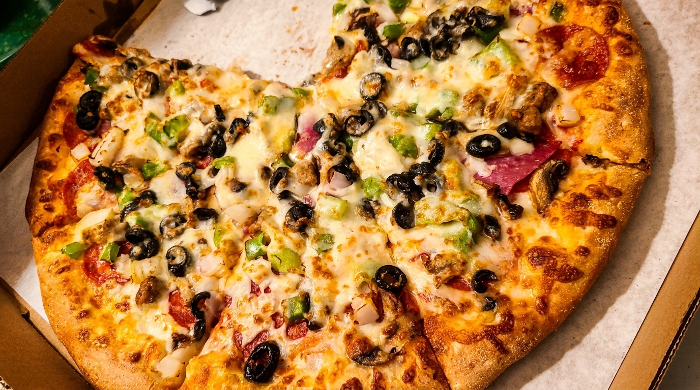 A partially eaten supreme pizza with olives, peppers, and pepperoni in a cardboard box.
