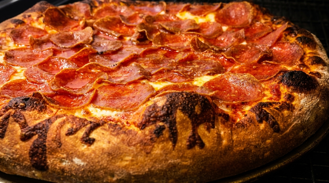 Close-up of a freshly baked pepperoni pizza with a thick, golden-brown crust.
