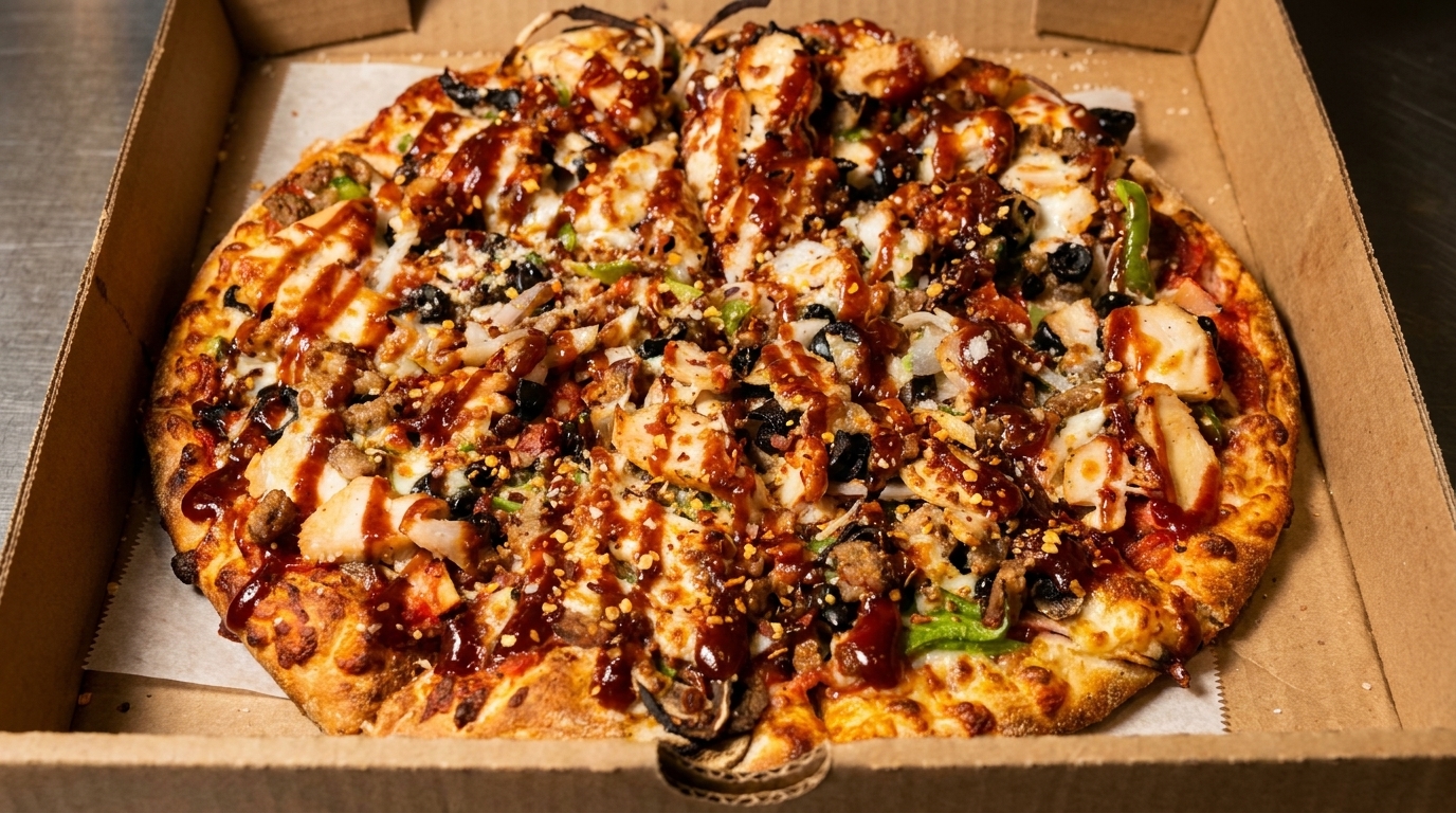 A whole BBQ chicken pizza with olives, peppers, and onions, drizzled with sauce in a box.