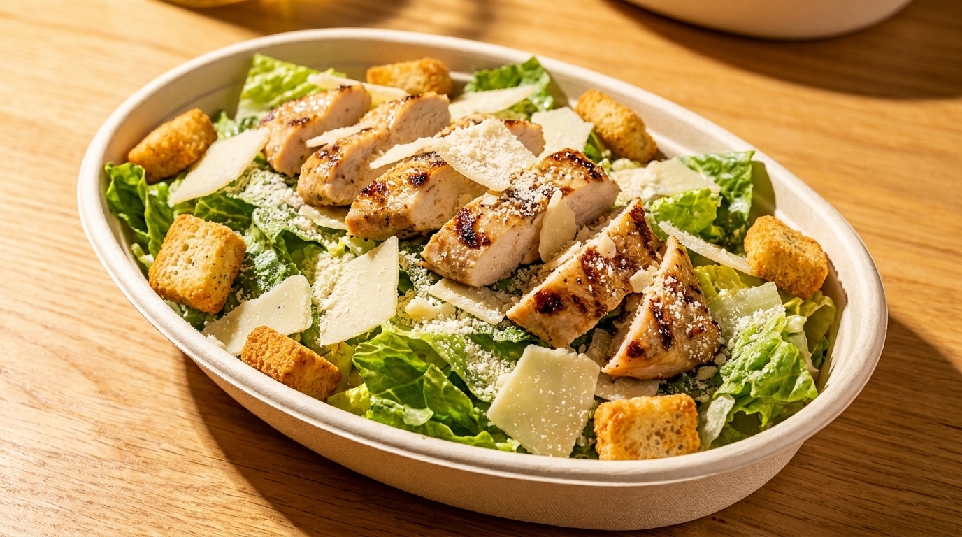 Grilled chicken Caesar salad with romaine, croutons, and Parmesan in a compostable bowl.