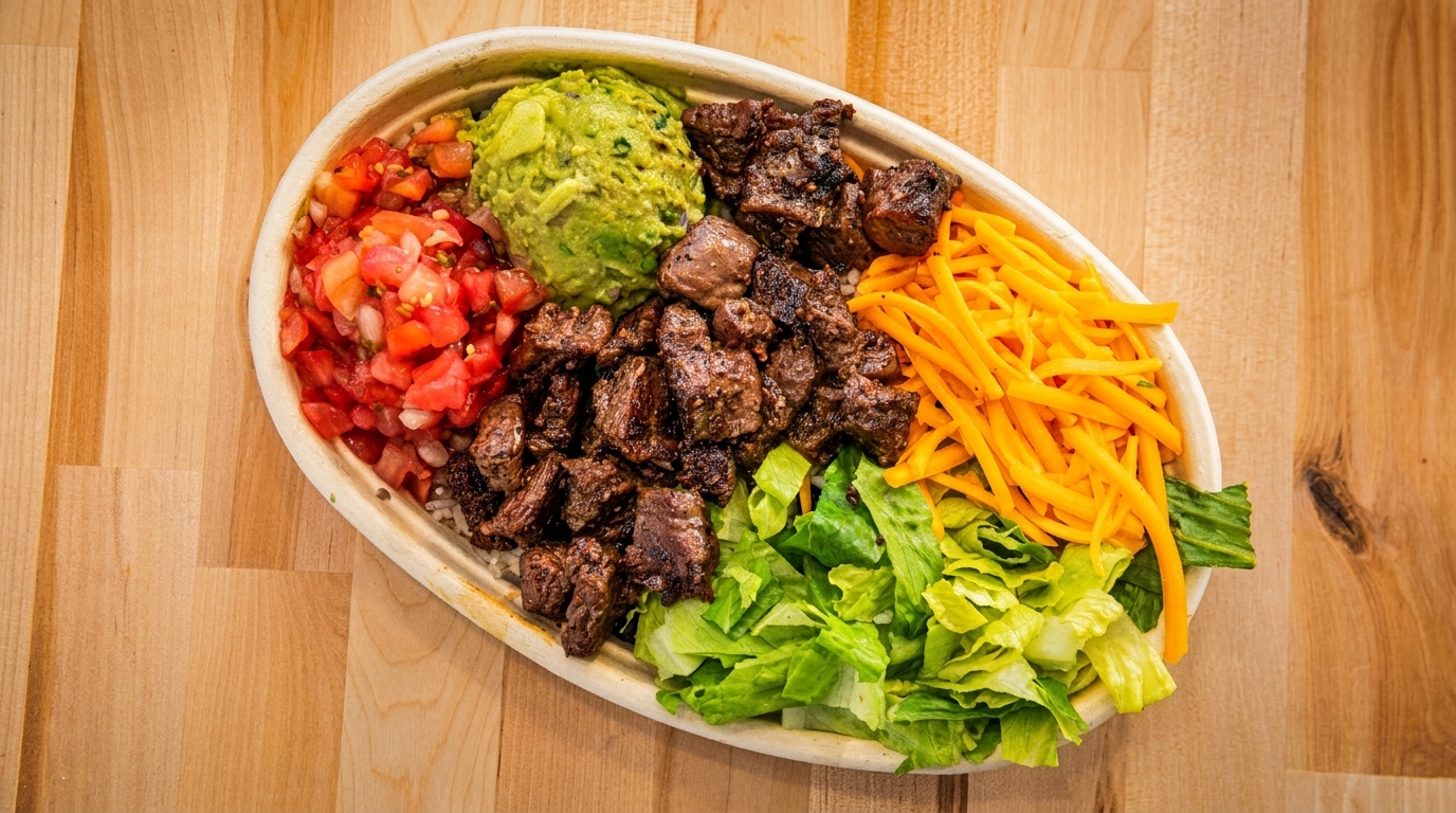 A burrito bowl with steak, guacamole, pico de gallo, shredded cheese, and lettuce on a wooden table.