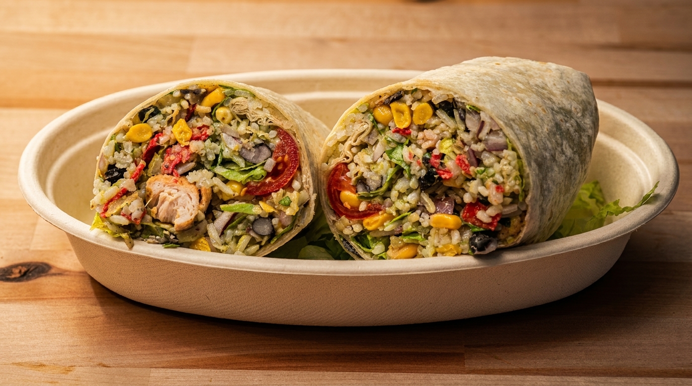 Two halves of a chicken burrito, filled with rice, corn, beans, and lettuce, in a bowl.