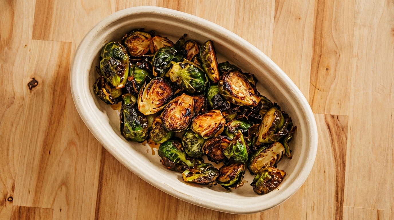 Roasted Brussels sprouts with crispy, browned edges in an oval, light-colored bowl on a wooden table.