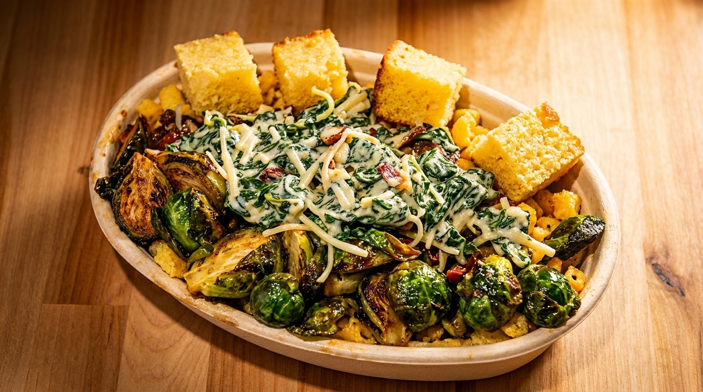 A bowl of mac and cheese topped with creamed spinach, roasted Brussels sprouts, and cornbread.