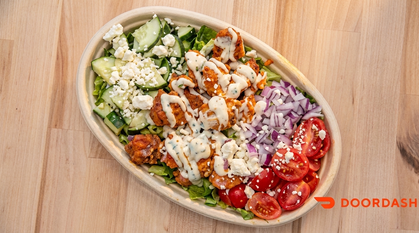 Buffalo chicken salad with blue cheese dressing, cucumbers, red onions, and tomatoes.