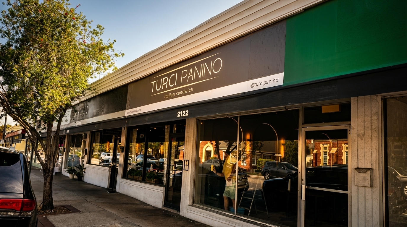 Exterior of Turci Panino Italian sandwich shop with large windows and a tree on the sidewalk.