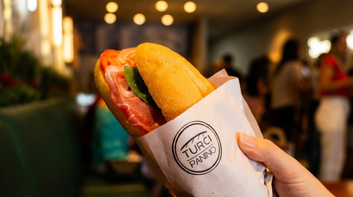 Hand holding a Turci Panino sandwich with prosciutto, tomato, and basil in a restaurant.