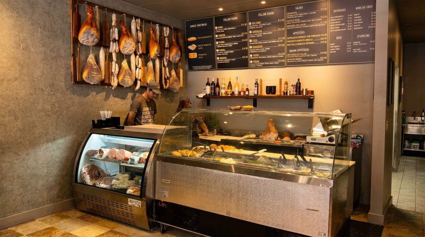 Deli counter with cured meats, cheeses, and a menu board, with a person working behind the counter.