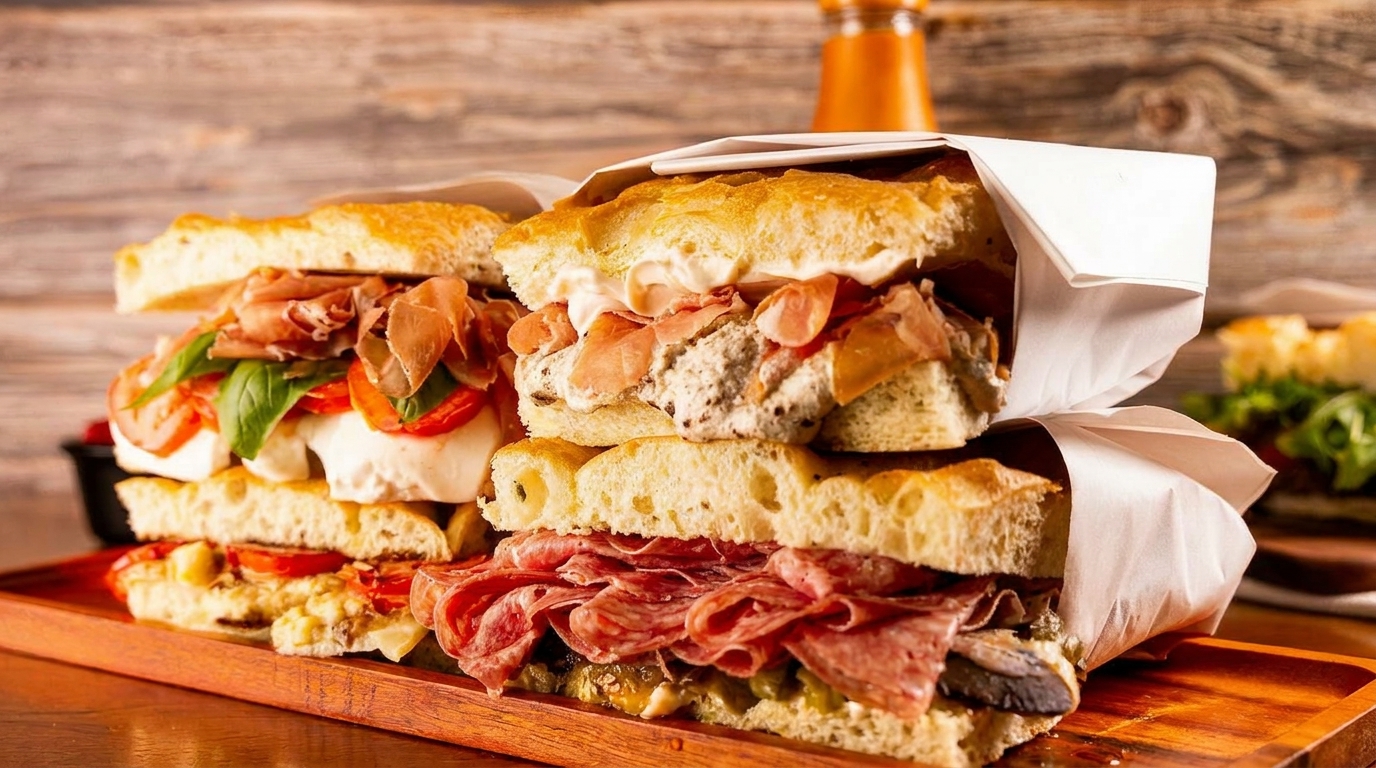 Three stacked focaccia sandwiches with various fillings, including prosciutto, salami, and mozzarella.