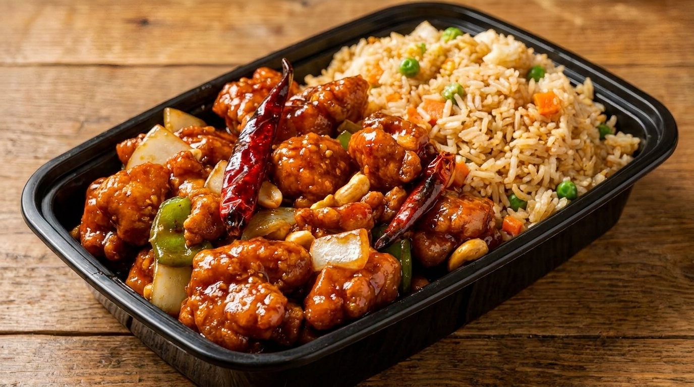 Kung Pao chicken with cashews, peppers, and onions, served with fried rice in a black takeout container.