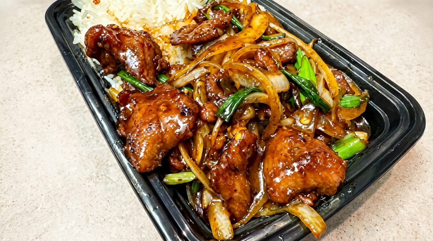 Sweet and sour chicken with onions and green onions, served with white rice in a black takeout container.