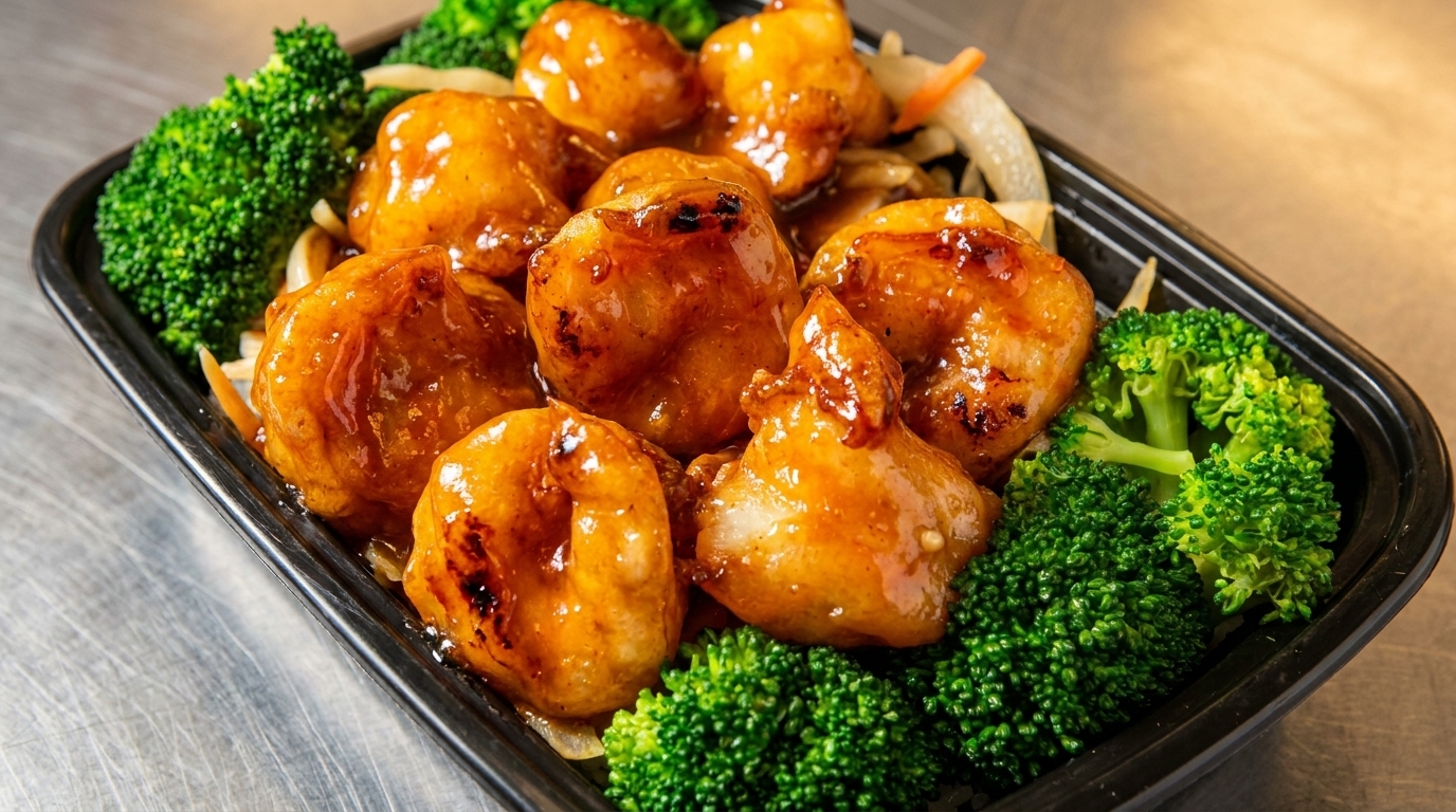 Sweet and sour chicken with broccoli and onions in a black takeout container.