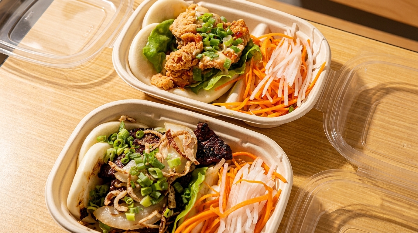 Two takeout containers with bao buns, one with fried chicken, the other with beef and onions.