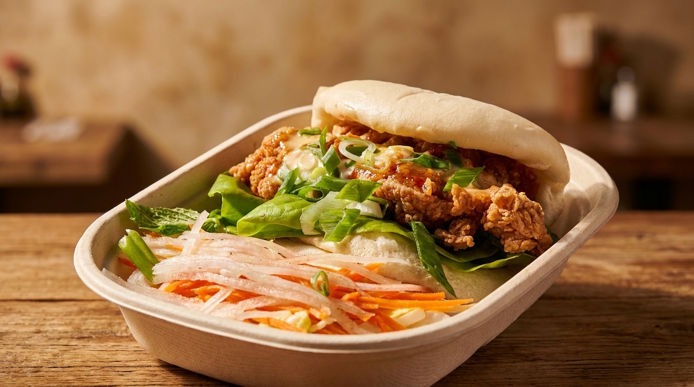 Crispy fried chicken bao bun with lettuce, sauce, and pickled vegetables in a takeout container.