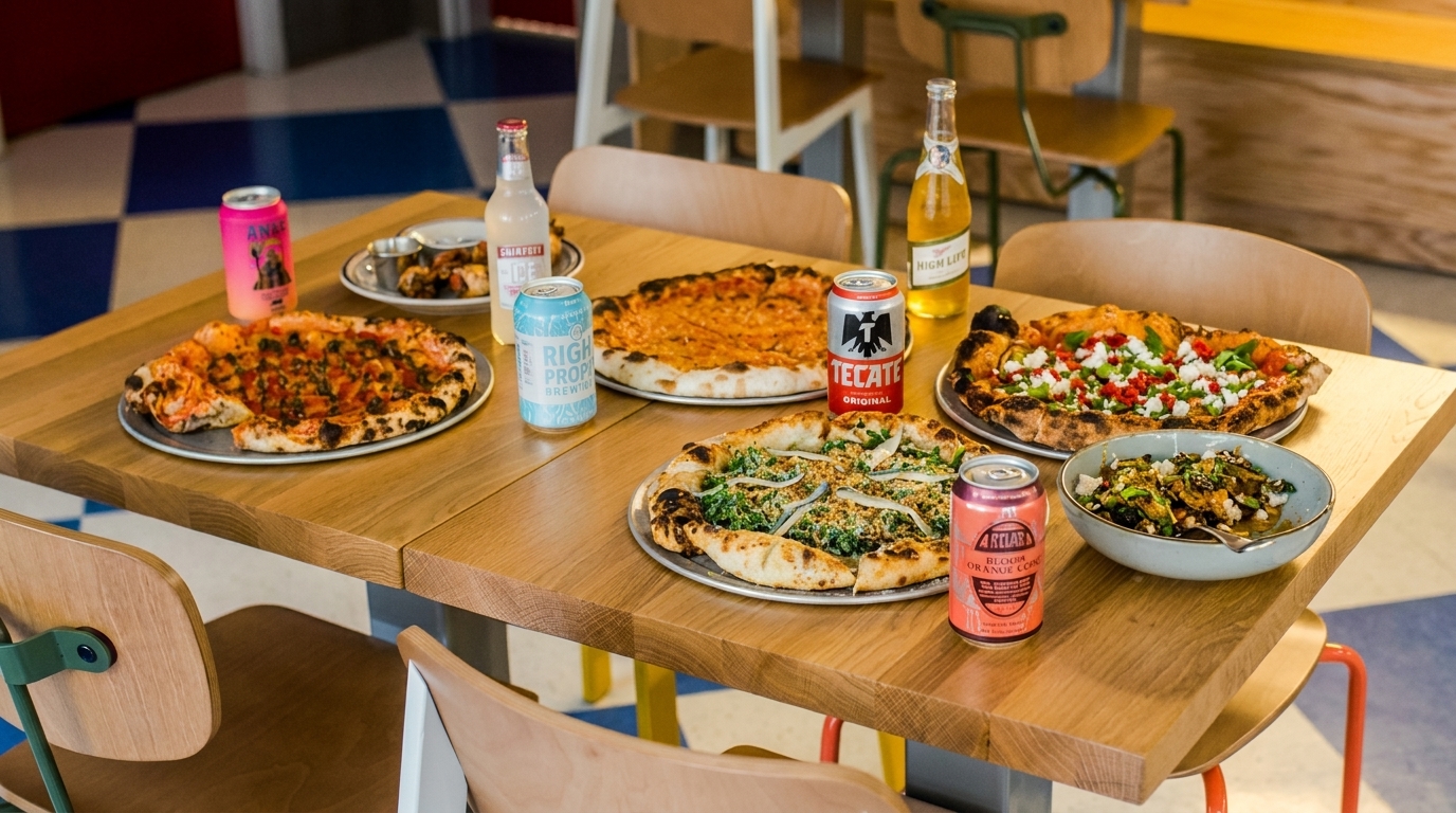 A wooden table laden with four pizzas, a side dish, and various canned and bottled drinks.