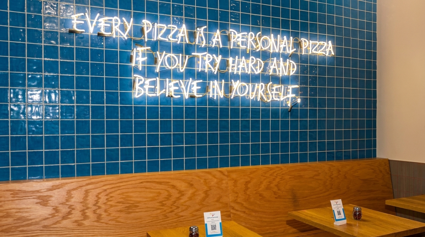 Neon sign on blue tiled wall reads: "EVERY PIZZA IS A PERSONAL PIZZA IF YOU TRY HARD AND BELIEVE IN YOURSELF."