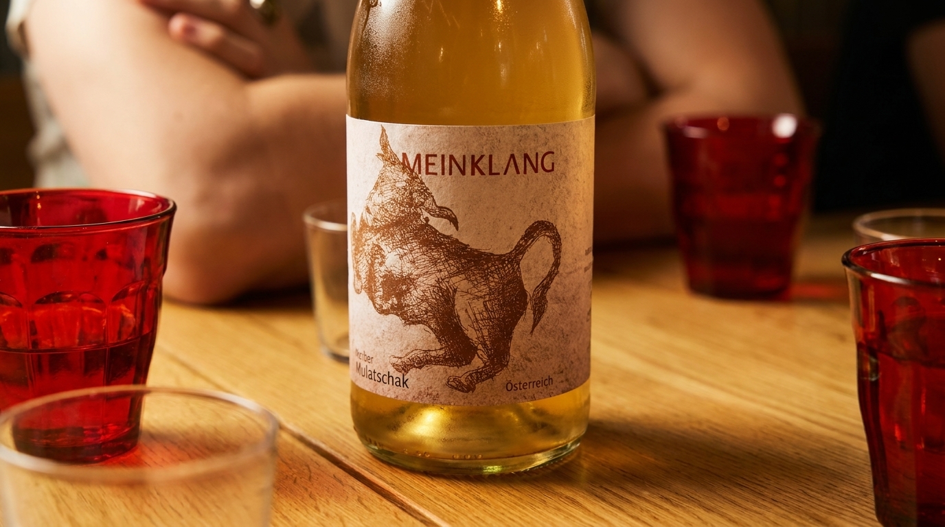 A bottle of Meinklang wine with a bull on the label, surrounded by red glasses on a wooden table.