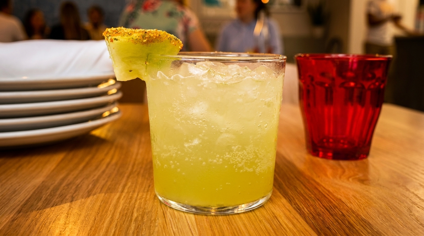 A vibrant green cocktail with ice and a spiced cucumber slice on a wooden table.