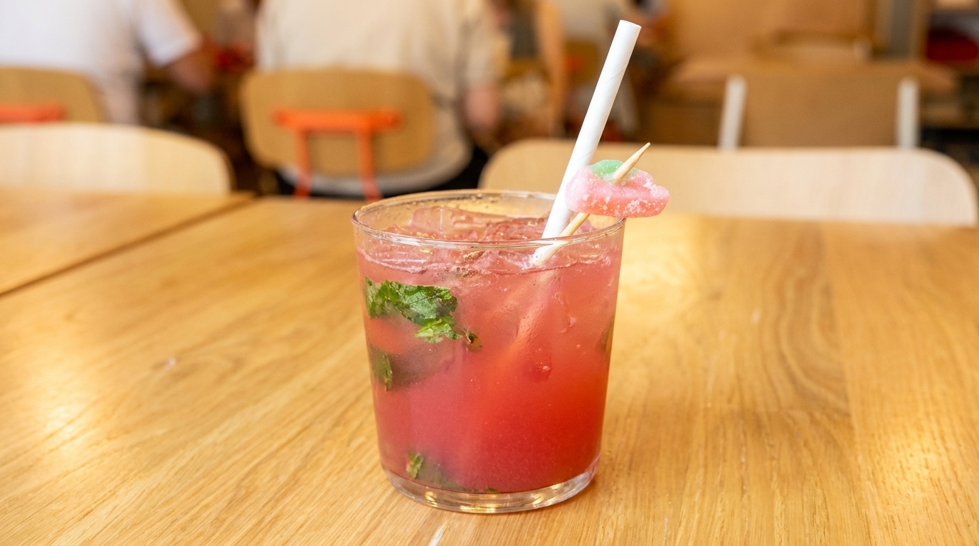 A vibrant pink cocktail with mint leaves, ice, a white straw, and a candy garnish on a wooden table.