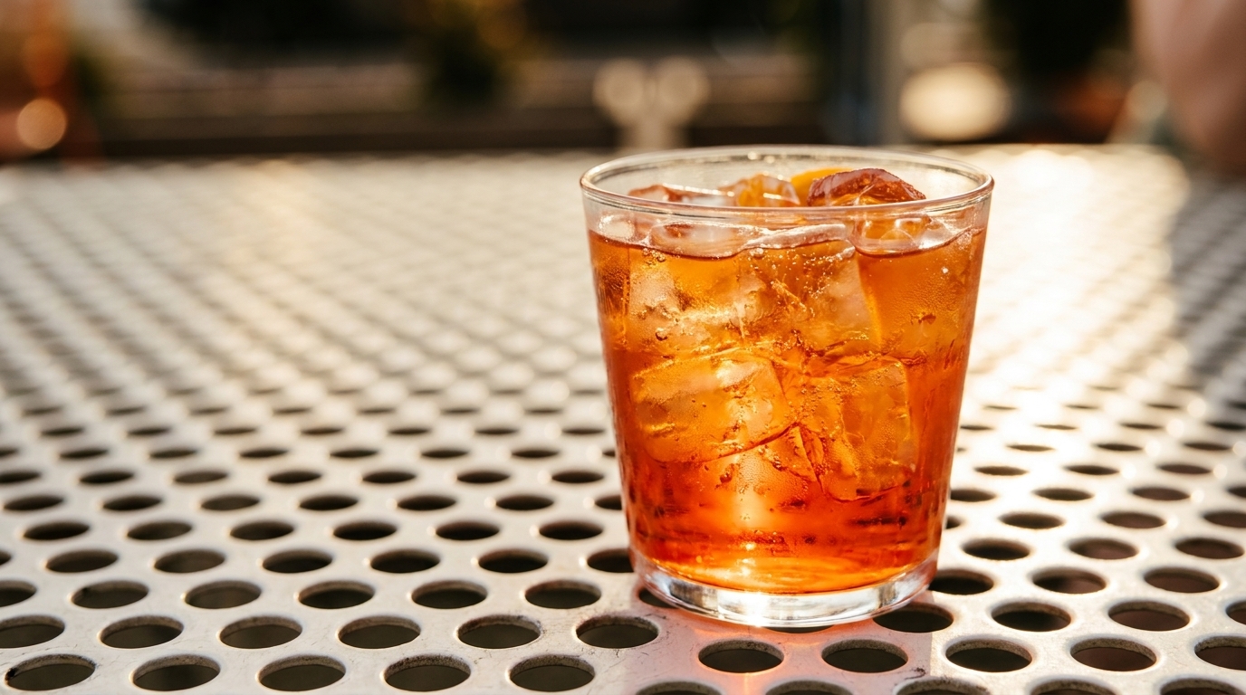 A vibrant orange cocktail with ice cubes sits on a perforated metal table in sunlight.
