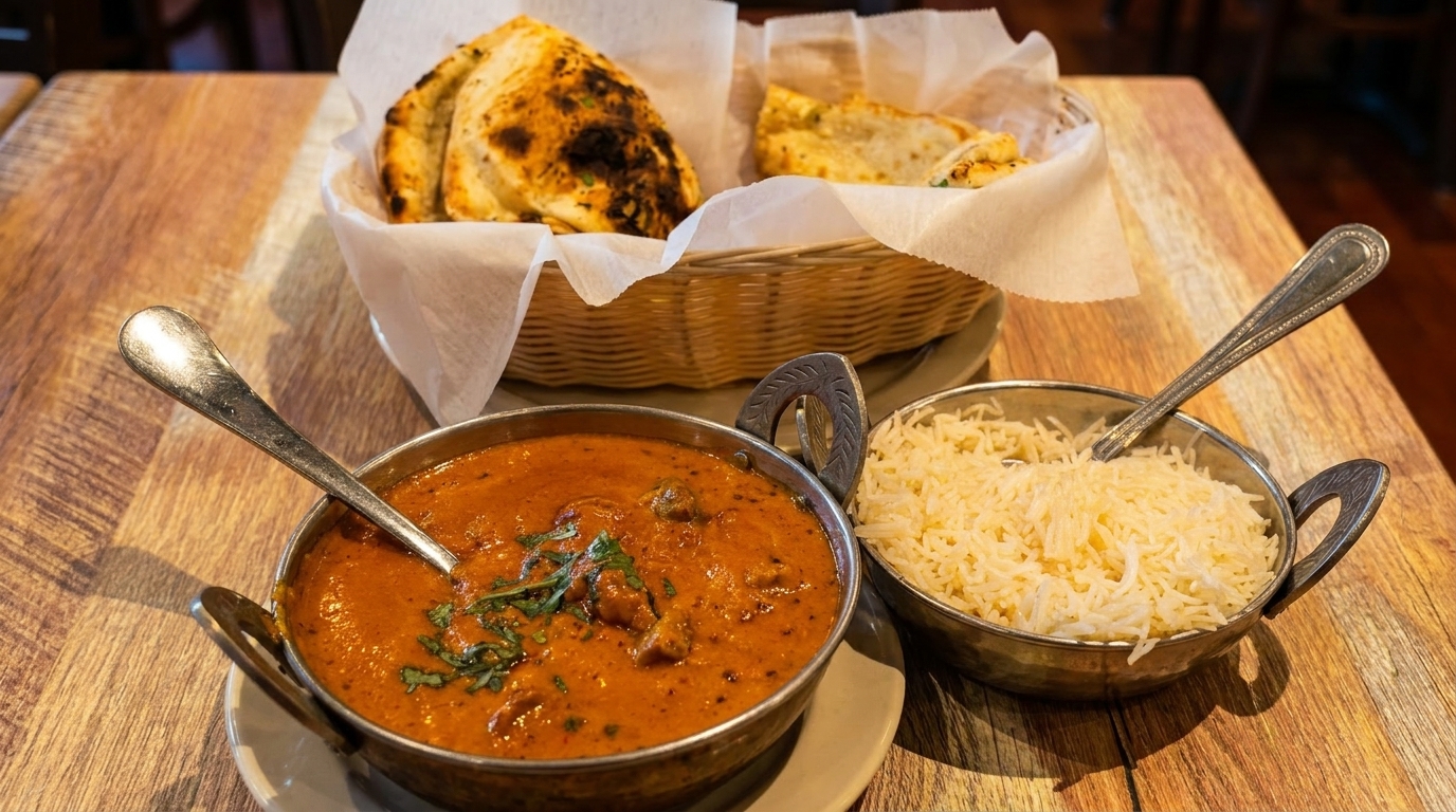 Indian butter chicken, basmati rice, and naan bread served on a rustic wooden table.