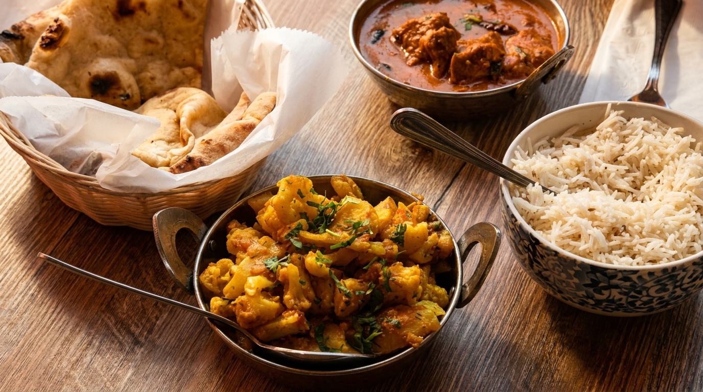 Indian meal with naan bread, chicken curry, aloo gobi, and basmati rice on a wooden table.