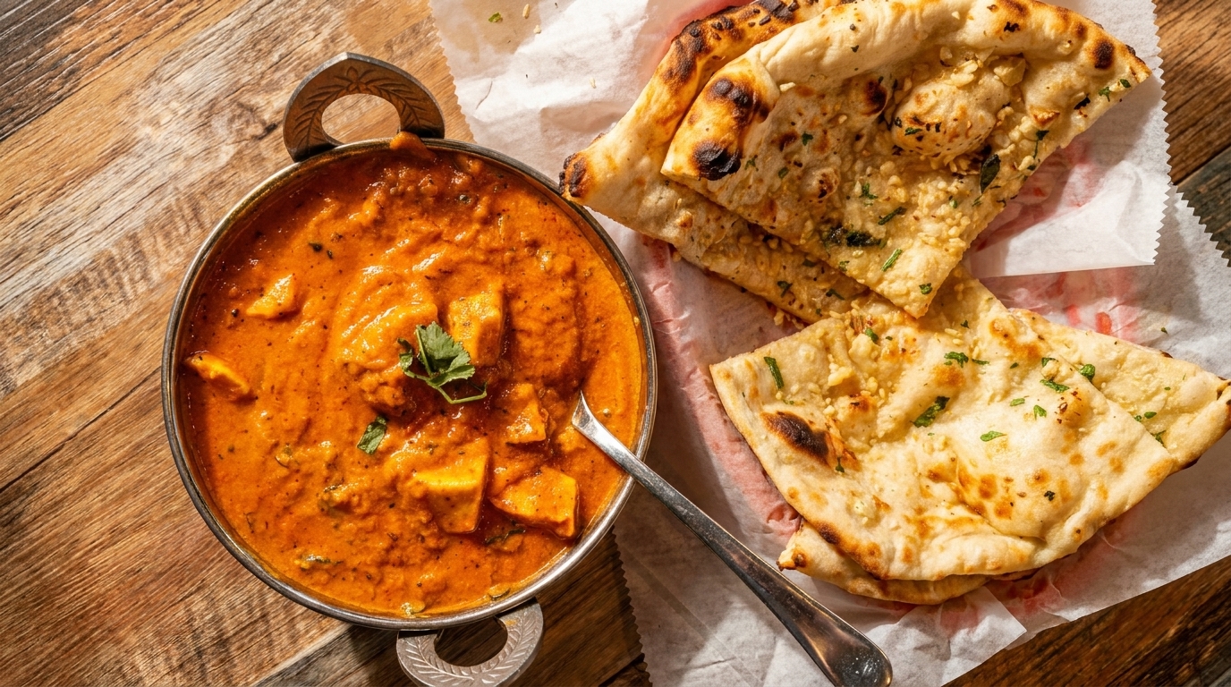Indian butter chicken or paneer curry in a metal bowl with garlic naan bread on a wooden table.