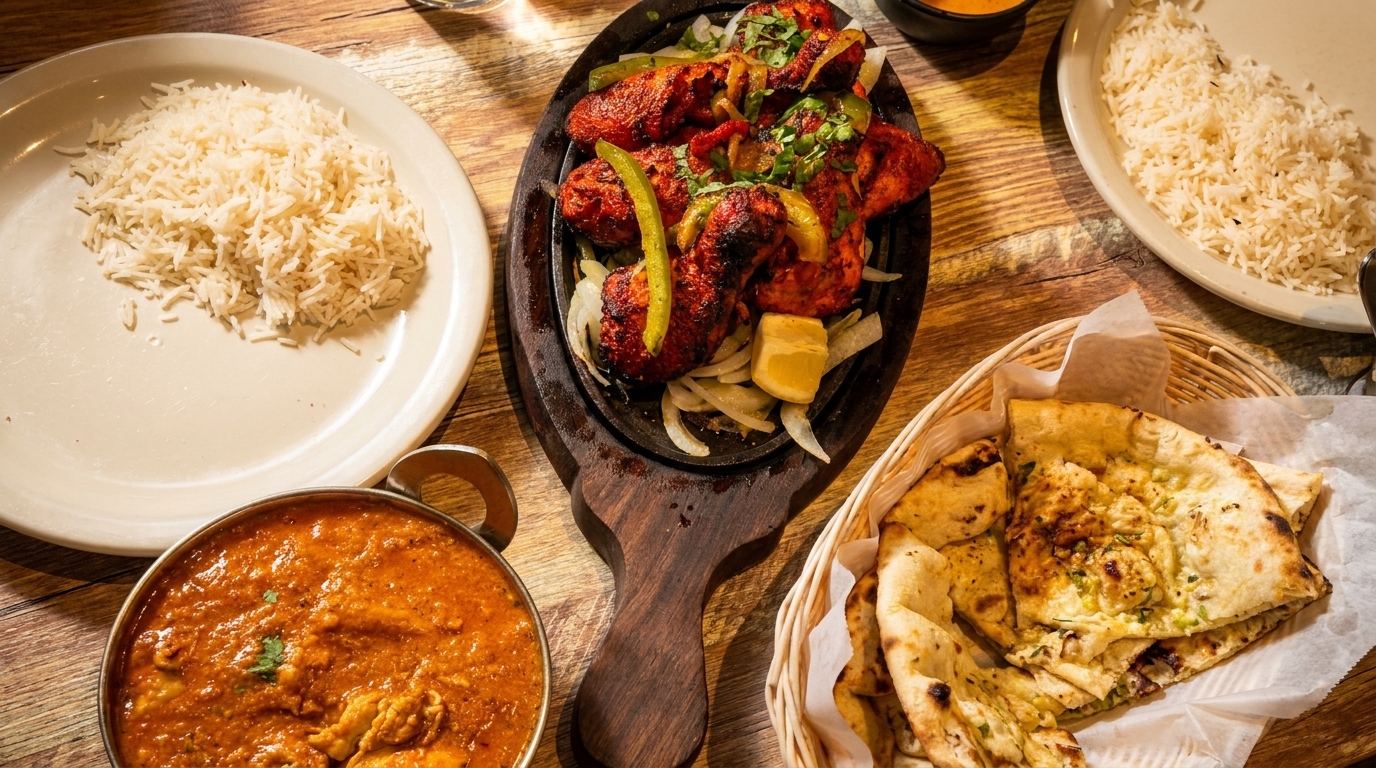 Overhead view of Indian dishes: chicken tikka, rice, curry, and naan bread on a wooden table.