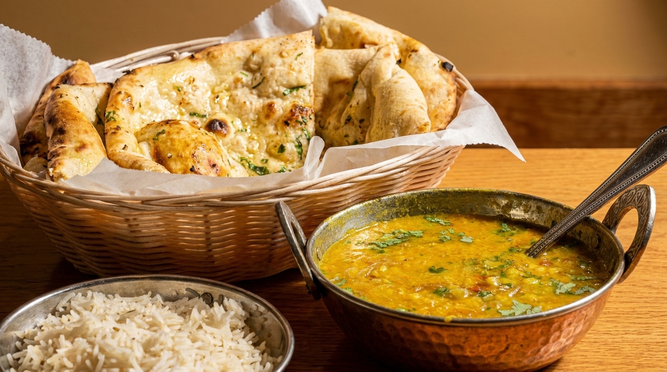 A basket of naan bread, a bowl of yellow lentil dal, and a bowl of white rice.