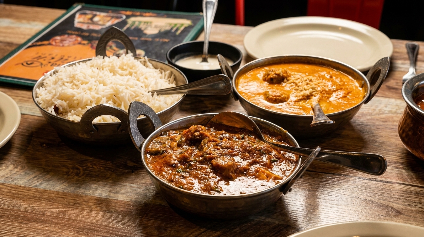 Three bowls of Indian curry and rice, with a side of raita, on a wooden table.