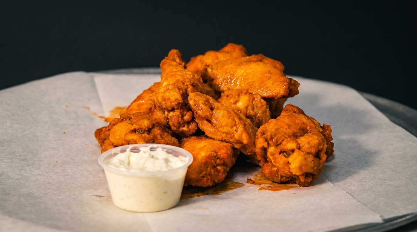 A pile of buffalo chicken wings with a side of ranch dressing on white parchment paper.