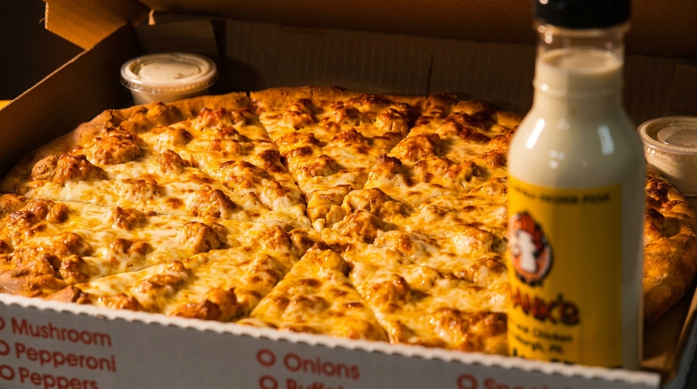 A Buffalo Chicken pizza in a box with a bottle of sauce and dipping cups.